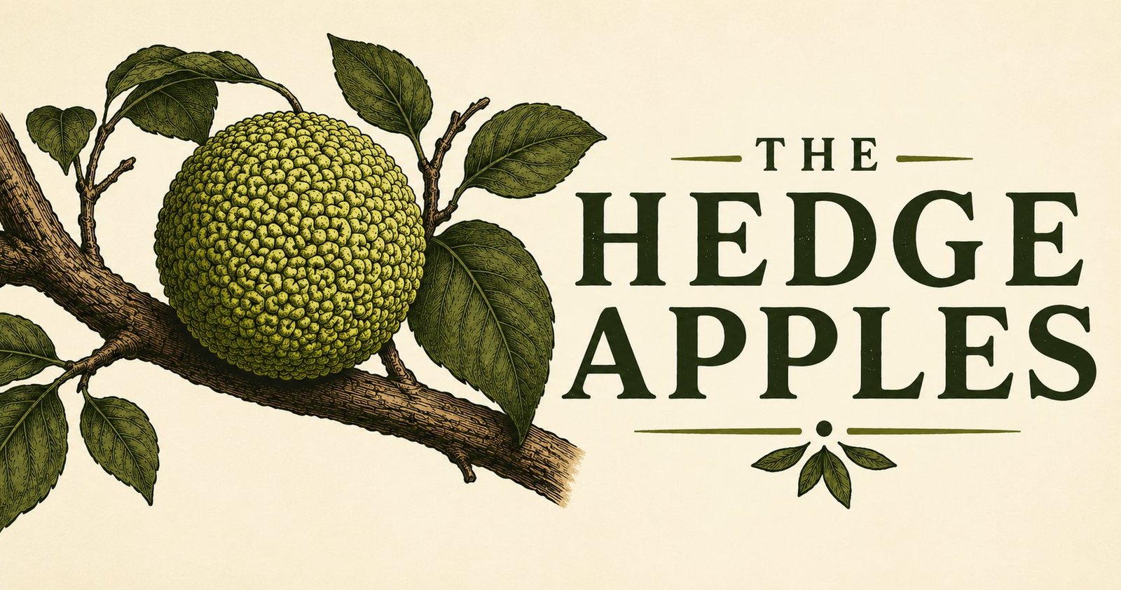 The Hedge Apples — botanical illustration of a hedge apple on a branch